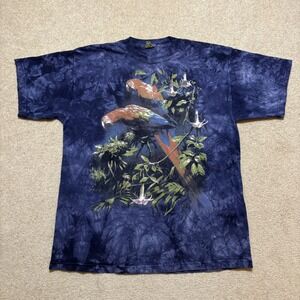 Vtg 90s The Mountain Shirt Mens XL Blue Tie Dye Parrot Macaw Birds Graphic Tee
